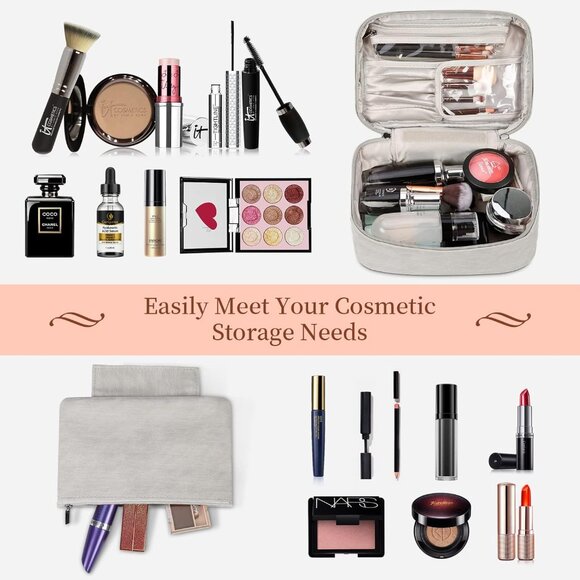 2-Pack Waterproof Leather Makeup Bag, Portable Travel Cosmetic Organizer - Grey - Picture 9 of 12